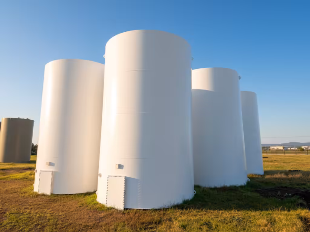 Large white cylindrical oil and water storage tanks in a grassy industrial field under a clear blue sky.